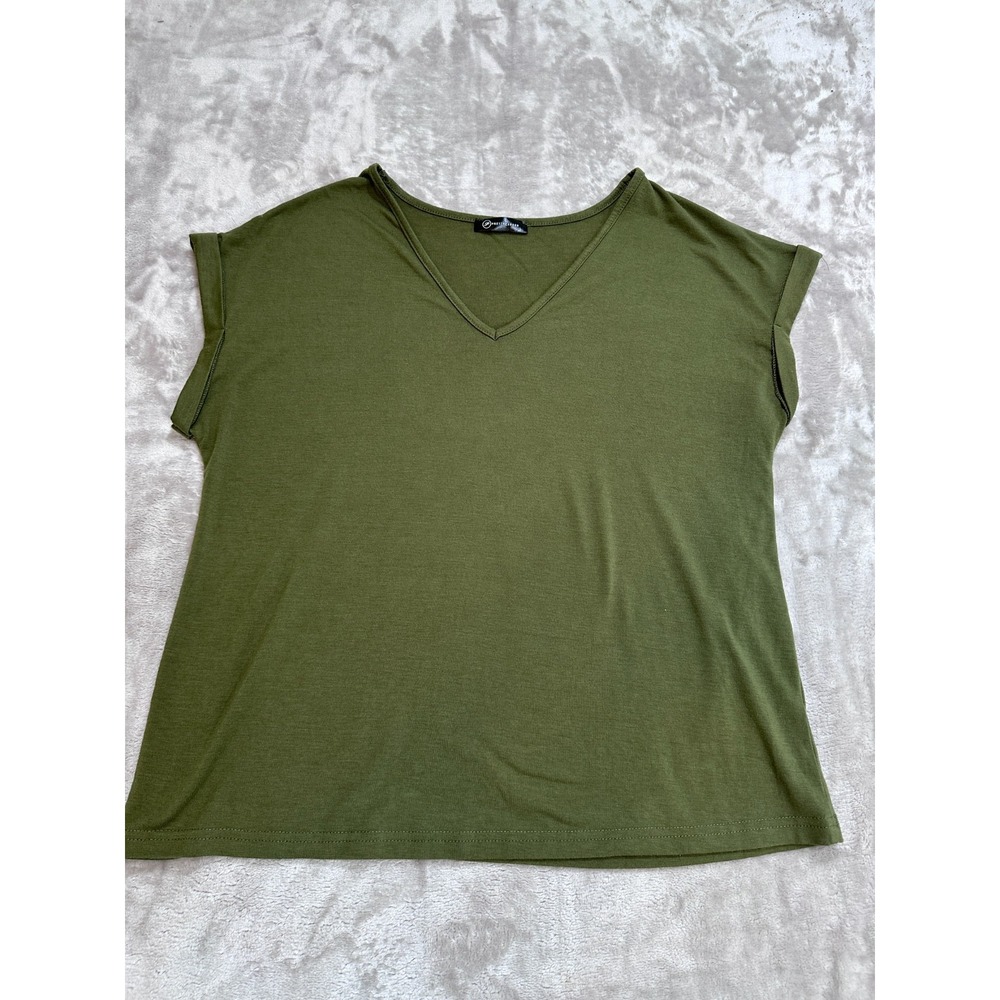 PRETTYGARDEN Tee Womens Size Large Olive Green Rolled Cuff Sleeve V Neck Stretch
